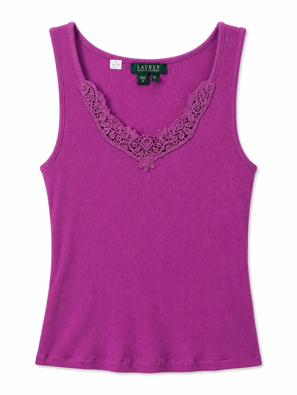 Lauren Ralph Lauren Fuchsia Ribbed Cotton Tank Top Ribbed Floral Lace Summer